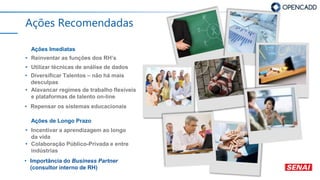 Ações Recomendadas
• Reinventar as funções dos RH’s
• Utilizar técnicas de análise de dados
• Alavancar regimes de trabalho flexíveis
e plataformas de talento on-line
Ações de Longo Prazo
• Colaboração Público-Privada e entre
indústrias
Ações Imediatas
• Diversificar Talentos – não há mais
desculpas
• Repensar os sistemas educacionais
• Incentivar a aprendizagem ao longo
da vida
• Importância do Business Partner
(consultor interno de RH)
 