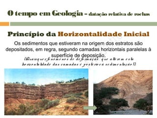 O tempo emGeologia – datação relativa de rochas
Princípio da Horizontalidade Inicial
Os sedimentos que estiveram na origem dos estratos são
depositados, em regra, segundo camadas horizontais paralelas à
superfície de deposição.
(Quaisq ue r fe nó m e no s de de fo rm ação q ue alte re m e sta
ho riz o ntalidade das cam adas é po ste rio r à se dim e ntação !).
 