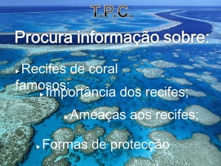  Recifes de coral
famosos;
 Ameaças aos recifes;
 Formas de protecção
 Importância dos recifes;
 
