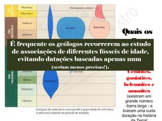 Quais os
melhores
fósseis
de idade?
Ceratites,
goniatites,
belemnites e
amonites
(existiram em
grande número
-barra larga - e
tiveram uma curta
duração na história
É frequente os geólogos recorrerem ao estudo
de associações de diferentes fósseis de idade,
evitando datações baseadas apenas num
(seriam menos precisas!).
 