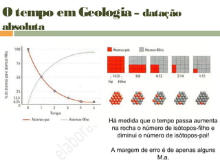 O tempo em Geologia – datação
absoluta
Há medida que o tempo passa aumenta
na rocha o número de isótopos-filho e
diminui o número de isótopos-pai!
A margem de erro é de apenas alguns
M.a.
 