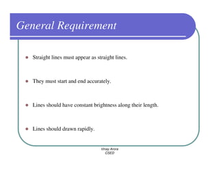 General Requirement

   Straight lines must appear as straight lines.



   They must start and end accurately.



   Lines should have constant brightness along their length.



   Lines should drawn rapidly.


                                   Vinay Arora
                                      CSED
 