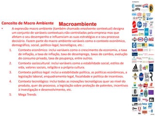 Macroambiente
Conceito de Macro Ambiente
• A expressão macro ambiente (também chamado envolvente contextual) designa
um conjunto de variáveis contextuais não controladas pela empresa mas que
afetam o seu desempenho e influenciam as suas estratégias e o seu processo
decisório. Fazem parte do macro ambiente variáveis como o contexto econômico,
demográfico, social, político-legal, tecnológico, etc.:
1. Contexto econômico: inclui variáveis como o crescimento da economia, a taxa
de inflação, a taxa de inflação, taxa de desemprego, taxas de cambio, evolução
do consumo privado, taxa de poupança, entre outros.
2. Contexto sociocultural: inclui variáveis como a estabilidade social, estilos de
vida, valores sociais, religião e a própria cultura.
3. Contexto político legal: inclui a estabilidade política, as políticas econômicas, a
legislação laboral, enquadramento legal, fiscalidade e política de incentivos.
4. Contexto tecnológico: inclui todas as inovações tecnológicas quer ao nível do
produto, quer do processo, a legislação sobre proteção de patentes, incentivos
à investigação e desenvolvimento, etc.
5. Mega Trends
 