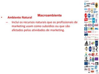 Macroambiente
• Ambiente Natural
– Inclui os recursos naturais que os profissionais de
marketing usam como subsídios ou que são
afetados pelas atividades de marketing.
 