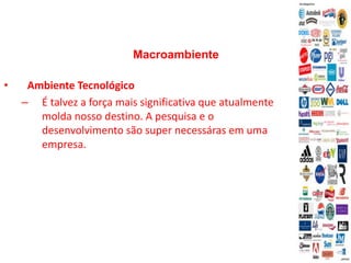 Macroambiente
• Ambiente Tecnológico
– É talvez a força mais significativa que atualmente
molda nosso destino. A pesquisa e o
desenvolvimento são super necessáras em uma
empresa.
 