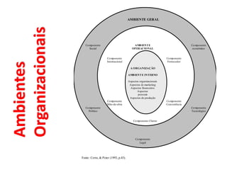 AMBIENTE GERAL
Componente
Social
AMBIENTE
OPERACIONAL
Componente
econômico
Componente
Internacional
Componente
Fornecedor
A ORGANIZAÇÃO
AMBIENTE INTERNO
Aspectos organizacionais
Aspectos de marketing
Aspectos financeiros
Aspectos
pessoais
Aspectos de produção
Componente
Mão-de-obra
Componente
Concorrência
Componente
Político
Componente Cliente
Componente
Tecnológico
Componente
Legal
Fonte: Certo, & Peter (1993, p.43).
 
