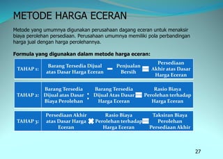 27
METODE HARGA ECERAN
Metode yang umumnya digunakan perusahaan dagang eceran untuk menaksir
biaya perolehan persediaan. Perusahaan umumnya memiliki pola perbandingan
harga jual dengan harga perolehannya.
Formula yang digunakan dalam metode harga eceran:
TAHAP 1:
Barang Tersedia Dijual
atas Dasar Harga Eceran
Penjualan
Bersih
Persediaan
Akhir atas Dasar
Harga Eceran
TAHAP 2:
Barang Tersedia
Dijual atas Dasar
Biaya Perolehan
Barang Tersedia
Dijual Atas Dasar
Harga Eceran
Rasio Biaya
Perolehan terhadap
Harga Eceran
TAHAP 3:
Persediaan Akhir
atas Dasar Harga
Eceran
Rasio Biaya
Perolehan terhadap
Harga Eceran
Taksiran Biaya
Perolehan
Persediaan Akhir
:
 