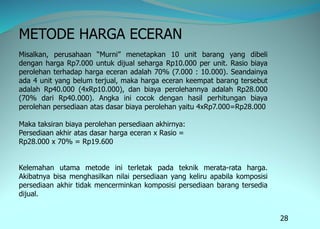 28
METODE HARGA ECERAN
Misalkan, perusahaan “Murni” menetapkan 10 unit barang yang dibeli
dengan harga Rp7.000 untuk dijual seharga Rp10.000 per unit. Rasio biaya
perolehan terhadap harga eceran adalah 70% (7.000 : 10.000). Seandainya
ada 4 unit yang belum terjual, maka harga eceran keempat barang tersebut
adalah Rp40.000 (4xRp10.000), dan biaya perolehannya adalah Rp28.000
(70% dari Rp40.000). Angka ini cocok dengan hasil perhitungan biaya
perolehan persediaan atas dasar biaya perolehan yaitu 4xRp7.000=Rp28.000
Maka taksiran biaya perolehan persediaan akhirnya:
Persediaan akhir atas dasar harga eceran x Rasio =
Rp28.000 x 70% = Rp19.600
Kelemahan utama metode ini terletak pada teknik merata-rata harga.
Akibatnya bisa menghasilkan nilai persediaan yang keliru apabila komposisi
persediaan akhir tidak mencerminkan komposisi persediaan barang tersedia
dijual.
 