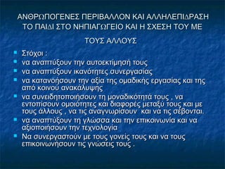 ΑΝΘΡΩΠΟΓΕΝΕΣ ΠΕΡΙΒΑΛΛΟΝ ΚΑΙ ΑΛΛΗΛΕΠΙ∆ΡΑΣΗΑΝΘΡΩΠΟΓΕΝΕΣ ΠΕΡΙΒΑΛΛΟΝ ΚΑΙ ΑΛΛΗΛΕΠΙ∆ΡΑΣΗ
ΤΟ ΠΑΙ∆Ι ΣΤΟ ΝΗΠΙΑΓΩΓΕΙΟ ΚΑΙ Η ΣΧΕΣΗ ΤΟΥ ΜΕΤΟ ΠΑΙ∆Ι ΣΤΟ ΝΗΠΙΑΓΩΓΕΙΟ ΚΑΙ Η ΣΧΕΣΗ ΤΟΥ ΜΕ
ΤΟΥΣ ΑΛΛΟΥΣΤΟΥΣ ΑΛΛΟΥΣ
 ΣτόχοιΣτόχοι ::
 να αναπτύξουν την αυτοεκτίµησή τουςνα αναπτύξουν την αυτοεκτίµησή τους
 να αναπτύξουν ικανότητες συνεργασίαςνα αναπτύξουν ικανότητες συνεργασίας
 να κατανοήσουν την αξία της οµαδικής εργασίας και τηςνα κατανοήσουν την αξία της οµαδικής εργασίας και της
από κοινού ανακάλυψηςαπό κοινού ανακάλυψης
 να συνειδητοποιήσουν τη µοναδικότητά τους , νανα συνειδητοποιήσουν τη µοναδικότητά τους , να
εντοπίσουν οµοιότητες και διαφορές μεταξύ τους και μεεντοπίσουν οµοιότητες και διαφορές μεταξύ τους και με
τους άλλους , να τις αναγνωρίσουν και να τις σέβονται.τους άλλους , να τις αναγνωρίσουν και να τις σέβονται.
 να αναπτύξουν τη γλώσσα και την επικοινωνία και νανα αναπτύξουν τη γλώσσα και την επικοινωνία και να
αξιοποιήσουν την τεχνολογίααξιοποιήσουν την τεχνολογία
 Να συνεργαστούν με τους γονείς τους και να τουςΝα συνεργαστούν με τους γονείς τους και να τους
επικοινωνήσουν τις γνώσεις τους .επικοινωνήσουν τις γνώσεις τους .
 