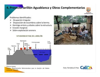 4. Proyecto Jarillón Aguablanca y Obras Complementarias

    Problemas identificados:
       Ocupación irregular.
       Disposición de escombros sobre la berma.
       Hormiga arriera y arboles sobre la estructura.
       Erosión marginal.
       Sobre-explotación arenera




Cifras en pesos.
Fuente: Departamento Administrativo para la Gestión del Medio   Foto: Periódico El Pais
Ambiente -DAGMA.
 