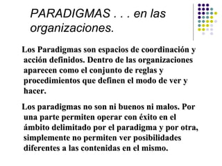 PARADIGMAS . . . en las
  organizaciones.
Los Paradigmas son espacios de coordinación y
acción definidos. Dentro de las organizaciones
aparecen como el conjunto de reglas y
procedimientos que definen el modo de ver y
hacer.
Los paradigmas no son ni buenos ni malos. Por
una parte permiten operar con éxito en el
ámbito delimitado por el paradigma y por otra,
simplemente no permiten ver posibilidades
diferentes a las contenidas en el mismo.
 