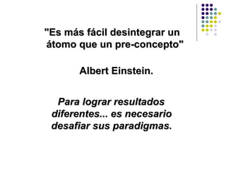 "Es más fácil desintegrar un
átomo que un pre-concepto"

       Albert Einstein.


  Para lograr resultados
 diferentes... es necesario
 desafiar sus paradigmas.
 