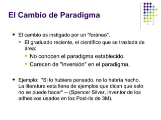 El Cambio de Paradigma

   El cambio es instigado por un "foráneo".
     El graduado reciente, el científico que se traslada de
       área:
         No conocen el paradigma establecido.
         Carecen de "inversión" en el paradigma.

   Ejemplo: "Si lo hubiera pensado, no lo habría hecho.
    La literatura esta llena de ejemplos que dicen que esto
    no se puede hacer" -- (Spencer Silver, inventor de los
    adhesivos usados en los Post-its de 3M).
 
