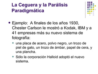 La Ceguera y la Parálisis
    Paradigmática

   Ejemplo: A finales de los años 1930,
    Chester Carlson le mostró a Kodak, IBM y a
    41 empresas más su nuevo sistema de
    fotografía:
       una placa de acero, polvo negro, un trozo de
        piel de gato, un trozo de ámbar, papel de cera, y
        una plancha.
       Sólo la corporación Halloid adoptó el nuevo
        sistema.
 