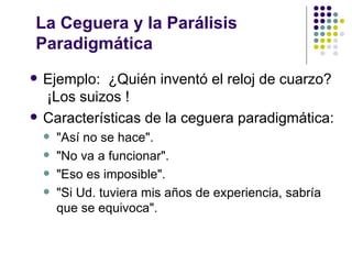 La Ceguera y la Parálisis
Paradigmática
   Ejemplo: ¿Quién inventó el reloj de cuarzo?
    ¡Los suizos !
   Características de la ceguera paradigmática:
       "Así no se hace".
       "No va a funcionar".
       "Eso es imposible".
       "Si Ud. tuviera mis años de experiencia, sabría
        que se equivoca".
 