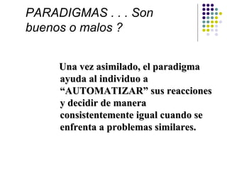 PARADIGMAS . . . Son
buenos o malos ?


     Una vez asimilado, el paradigma
     ayuda al individuo a
     “AUTOMATIZAR” sus reacciones
     y decidir de manera
     consistentemente igual cuando se
     enfrenta a problemas similares.
 