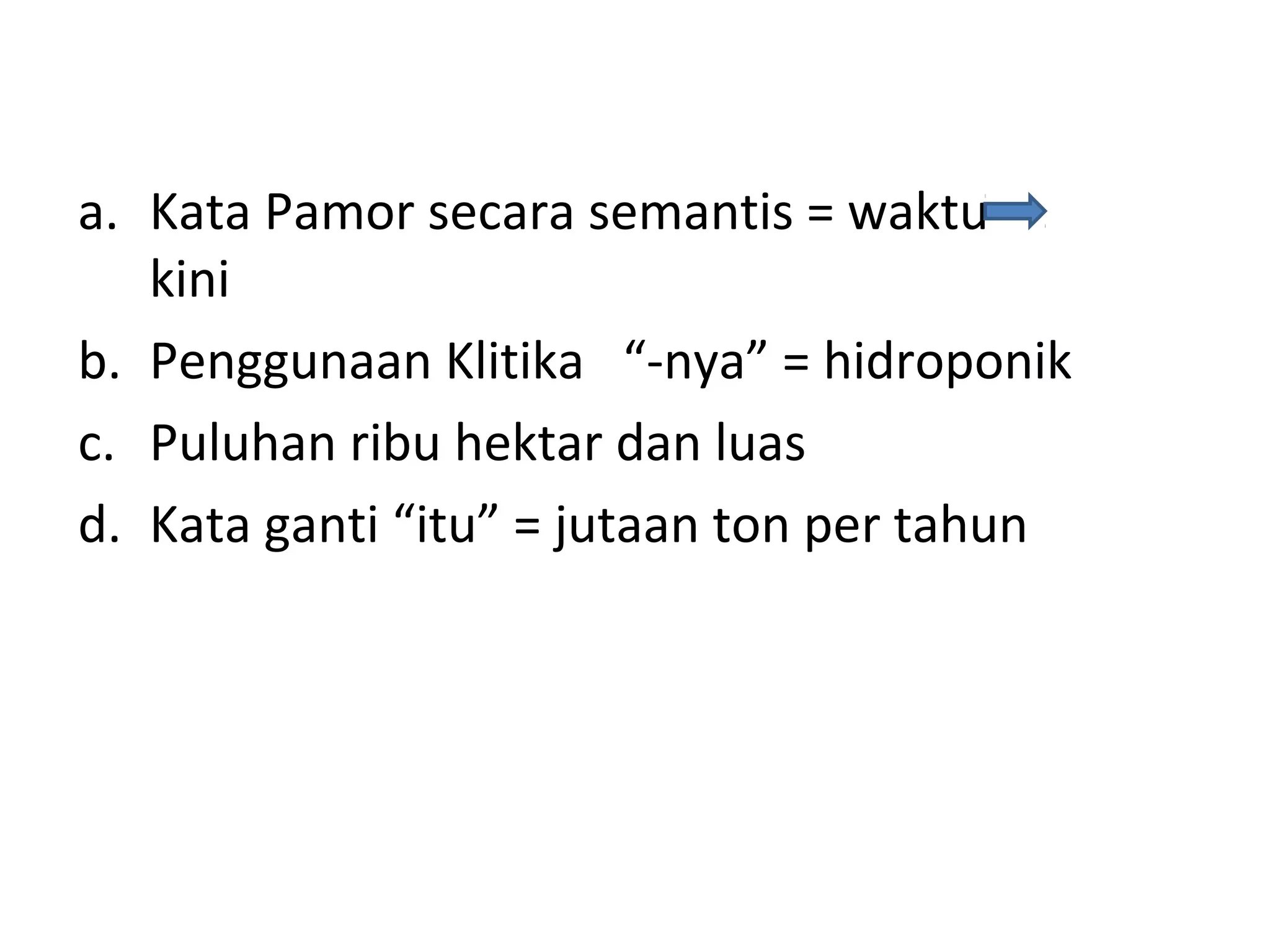 a. Kata Pamor secara semantis = waktu
   kini
b. Penggunaan Klitika “-nya” = hidroponik
c. Puluhan ribu hektar dan luas
d. Kata ganti “itu” = jutaan ton per tahun
 