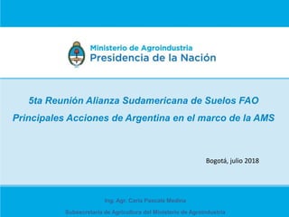 5ta Reunión Alianza Sudamericana de Suelos FAO
Principales Acciones de Argentina en el marco de la AMS
Ing. Agr. Carla Pascale Medina
Subsecretaría de Agricultura del Ministerio de Agroindustria
Bogotá, julio 2018
 