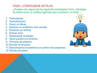 PASO 2. CONFIGURAR UN PLAN
¿Puedes usar alguna de las siguientes estrategias? (Una estrategia
se define como un artificio ingenioso que conduce a un final).
1. Particularizar.
2. Generalización.
3. Hacer un dibujo.
4. Resolver un problema más sencillo.
5. Empezar por el final.
6. Ensayo error.
7. Sistematizar el trabajo.
8. Sacar partido a la simetría.
9. Principio del palomar.
10.Simular la situación.
11.Descompones el problema en partes más pequeñas.
12.Estudio de casos.
 