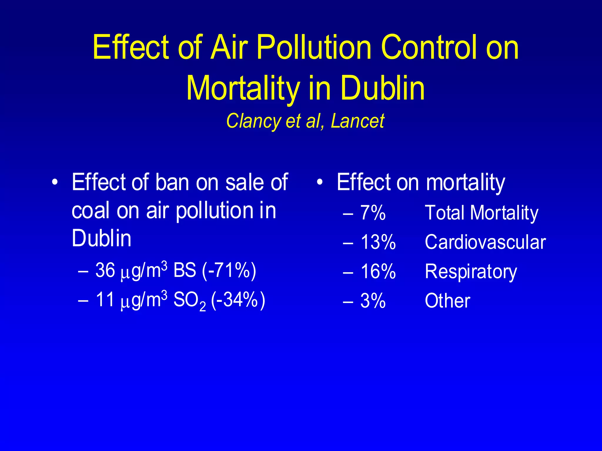 Effect of Air Pollution Control on
            Mortality in Dublin
                   Clancy et al, Lancet


• Effect of ban on sale of    • Effect on mortality
  coal on air pollution in       –   7%    Total Mortality
  Dublin                         –   13%   Cardiovascular
  – 36 g/m3 BS (-71%)            –   16%   Respiratory
  – 11 g/m3 SO 2 (-34%)          –   3%    Other
 