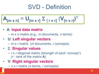 SVD - Definition
A[m x n] = U[m x r]  [ r x r] (V[n x r])T
• A: Input data matrix
– m x n matrix (e.g., m documents, n terms)
• U: Left singular vectors
– m x r matrix (m documents, r concepts)
• : Singular values
– r x r diagonal matrix (strength of each ‘concept’)
(r : rank of the matrix A)
• V: Right singular vectors
– n x r matrix (n terms, r concepts)
12
 