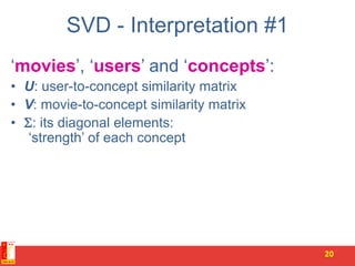SVD - Interpretation #1
‘movies’, ‘users’ and ‘concepts’:
• U: user-to-concept similarity matrix
• V: movie-to-concept similarity matrix
• : its diagonal elements:
‘strength’ of each concept
20
 