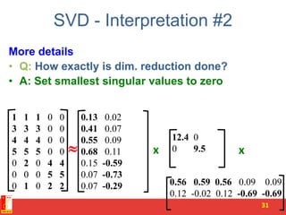 SVD - Interpretation #2
More details
• Q: How exactly is dim. reduction done?
• A: Set smallest singular values to zero
31
 x x
1 1 1 0 0
3 3 3 0 0
4 4 4 0 0
5 5 5 0 0
0 2 0 4 4
0 0 0 5 5
0 1 0 2 2
0.13 0.02
0.41 0.07
0.55 0.09
0.68 0.11
0.15 -0.59
0.07 -0.73
0.07 -0.29
12.4 0
0 9.5
0.56 0.59 0.56 0.09 0.09
0.12 -0.02 0.12 -0.69 -0.69
 