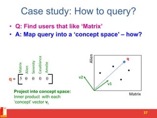 Case study: How to query?
• Q: Find users that like ‘Matrix’
• A: Map query into a ‘concept space’ – how?
37
5 0 0 0 0q =
Matrix
Alien
v1
q
v2
Matrix
Alien
Serenity
Casablanca
Amelie
Project into concept space:
Inner product with each
‘concept’ vector vi
 