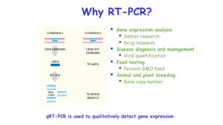 qRT-PCR is used to qualitatively detect gene expression
Why RT-PCR?
 Gene expression analysis
 Cancer research
 Drug research
 Disease diagnosis and management
 Viral quantification
 Food testing
 Percent GMO food
 Animal and plant breeding
 Gene copy number
 