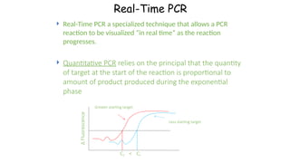  Real-Time PCR a specialized technique that allows a PCR
reaction to be visualized “in real time” as the reaction
progresses.
 Quantitative PCR relies on the principal that the quantity
of target at the start of the reaction is proportional to
amount of product produced during the exponential
phase
∆
Fluorescence
CT CT
Greater starting target
Less starting target
<
Real-Time PCR
 