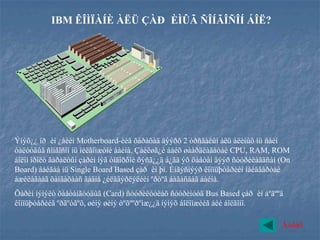 IBM ÊÎÌÏÀÍÈ ÀËÜ ÇÀÐ ÈÌÛÃ ÑÎÍÃÎÑÎÍ ÁÎË?




Ýíýõ¿¿ îð èí ¿åèéí Motherboard-èéã õàðàõàä äýýðõ 2 óðñãàëûí àëü àëèíûõ íü ñàéí
òàëóóäûã ñîíãîñîí íü îéëãîìæòîé áàéíà. Çàéëøã¿é áàéõ øààðäëàãàòàé CPU, RAM, ROM
áîëîí îðîëò ãàðàëòûí çàðèì íýã òîäîðõîé õýñã¿¿ä á¿ãä ýõ õàâòàí äýýð ñóóðèëàãäñàí (On
Board) áàéãàà íü Single Board Based çàð èì þì. Èíãýñíýýð êîìïüþòåðèéí íàéäâàðòàé
àæèëàãààã õàíãàõààñ ãàäíà ¿éëäâýðëýëèéí ºðòºã áàãàñäàã áàéíà.
Õàðèí íýìýëò õàâòàíãóóäûã (Card) ñóóðèëóóëàõ ñóóðèíóóä Bus Based çàð èì áºãººä
êîìïüþòåðèéã ºðãºòãºõ, øèíý øèíý òºõººðºìæ¿¿ä íýìýõ áîëîìæèéã áèé áîëãîíî.

                                                                                 Áóöàõ
 