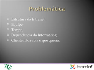 Estrutura da Intranet; Equipe; Tempo; Dependência da Informática; Cliente não sabia o que queria. 