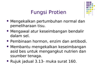 Fungsi Protien
 Mengekalkan pertumbuhan normal dan
pemeliharaan tisu.
 Mengawal atur keseimbangan bendalir
dalam sel.
 Pembinaan hormon, enzim dan antibodi.
 Membantu mengekalkan keseimbangan
asid bes untuk mengangkut nutrien dan
ssumber tenaga.
 Rujuk jadual 3.13- muka surat 160.
 