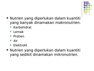 Nutrien yang diperlukan dalam kuantiti
yang banyak dinamakan makronutrien.
 Karbohidrat
 Lemak
 Protien
 Air
 Elektrolit
 Nutrien yang diperlukan dalam kuantiti
yang sedikit dinamakan mikronutrien.
 