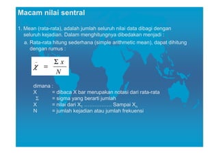 Macam nilai sentral

1. Mean (rata-rata), adalah jumlah seluruh nilai data dibagi dengan
   seluruh kejadian. Dalam menghitungnya dibedakan menjadi :
   a. Rata-rata hitung sederhana (simple arithmetic mean), dapat dihitung
      dengan rumus :

       _
          Σx
      χ =
          N
      dimana :
      X      = dibaca X bar merupakan notasi dari rata-rata
       Σ     = sigma yang berarti jumlah
      X      = nilai dari X1 ……………. Sampai Xn
      N      = jumlah kejadian atau jumlah frekuensi
 