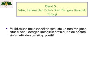 Band 5 :
Tahu, Faham dan Boleh Buat Dengan Beradab
Terpuji



Murid-murid melaksanakan sesuatu kemahiran pada
situasi baru, dengan mengikut prosedur atau secara
sistematik dan bersikap positif

 