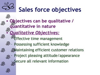 Sales force objectives
• Objectives can be qualitative /
quantitative in nature
• Qualitative Objectives:
– Effective time management
– Possessing sufficient knowledge
– Maintaining efficient customer relations
– Project pleasing attitude/appearance
– Secure all relevant information
 