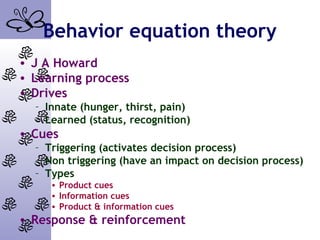 Behavior equation theory
• J A Howard
• Learning process
• Drives
– Innate (hunger, thirst, pain)
– Learned (status, recognition)
• Cues
– Triggering (activates decision process)
– Non triggering (have an impact on decision process)
– Types
• Product cues
• Information cues
• Product & information cues
• Response & reinforcement
 