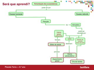Perturbação dos ecossistemas Causas naturais Atmosfera CFC Dióxido de  enxofre ó xido de azoto Efeito de estufa Chuvas ácidas Aquecimento global Planeta Terra — 8.º ano Será que aprendi? pode ser por Causas humanas Poluição pode ser causada por Vários gases poluentes formam destroem Ozono estratosférico da provoca 