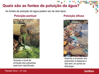 Quais s ão  as fontes de poluição da água? As fontes de poluição da água podem ser de dois tipos: Quando o local de emissão dos poluentes está bem identificado. Quando a emissão dos poluentes é dispersa e não tem um ponto de descarga. Poluição pontual Poluição difusa Planeta Terra — 8.º ano 