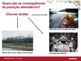 Quais s ão  as consequências da poluição atmosférica? Chuvas  á cidas Planeta Terra — 8.º ano Alteração do pH da água dos lagos. Efeitos das chuvas ácidas numa floresta. Corrosão dos edifícios. 