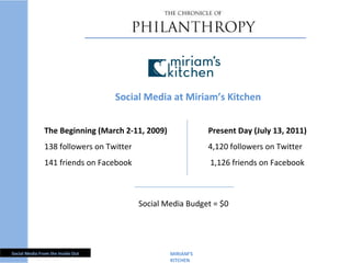 iriam ’s Kitchen  Present Day (July 13, 2011) 4,120 followers on Twitter 1,126 friends on Facebook MIRIAM ’S KITCHEN  Social Media at Miriam ’s Kitchen The Beginning (March 2-11, 2009) 138 followers on Twitter 141 friends on Facebook Social Media Budget = $0 