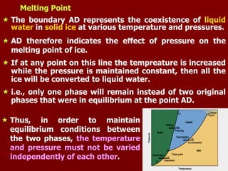 8
Melting Point
 The boundary AD represents the coexistence of liquid
water in solid ice at various temperature and pressures.
 AD therefore indicates the effect of pressure on the
melting point of ice.
 If at any point on this line the tempreature is increased
while the pressure is maintained constant, then all the
ice will be converted to liquid water.
 i.e., only one phase will remain instead of two original
phases that were in equilibrium at the point AD.
 Thus, in order to maintain
equilibrium conditions between
the two phases, the temperature
and pressure must not be varied
independently of each other.
 