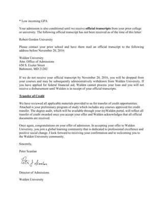 Walden Transcript Walden University Acceptance 2016 | PDF