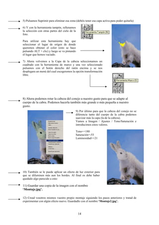 5) Pulsamos Suprimir para eliminar esa zona (debéis tener esa capa activa para poder quitarla)

6) Y con la herramienta tampón, rellenamos
la selección con otras partes del cielo de la
foto.

Para utilizar esta herramienta hay que
seleccionar el lugar de origen de donde
queremos obtener el color (esto se hace
pulsando ALT + clic) y luego se va pintando
el lugar que hemos vaciado.

7) Ahora volvemos a la Capa de la cabeza seleccionamos un
cuadrado con la herramienta de marco y una vez seleccionado
pulsamos con el botón derecho del ratón encima y se nos
desplegara un menú del cual escogeremos la opción transformación
libre.




8) Ahora podemos rotar la cabeza del conejo a nuestro gusto para que se adapte al
cuerpo de la cabra. Podemos hacerla también más grande o más pequeña a nuestro
gusto.
                                            9) Por último para que la cabeza del conejo no se
                                            diferencie tanto del cuerpo de la cabra podemos
                                            suavizar más la capa (la de la cabeza).
                                            Vamos a Imagen / Ajustes / Tono/Saturación e
                                            introducimos estos valores.

                                            Tono=+180
                                            Saturación=-53
                                            Luminosidad=+21




10) También se le puede aplicar un efecto de luz exterior para
que se difuminen más aun los bordes. Al final os debe haber
quedado algo parecido a esto:

11) Guardar una copia de la imagen con el nombre
‘Montaje.jpg’.

12) Cread vosotros mismos vuestro propio montaje siguiendo los pasos anteriores y tratad de
experimentar con algún efecto nuevo. Guardadlo con el nombre ‘Montaje2.jpg’.



                                                14
 