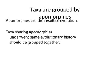 Taxa are grouped by 
apomorphies 
Apomorphies are the result of evolution. 
Taxa sharing apomorphies 
underwent same evolutionary history 
should be grouped together. 
 