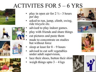 ACTIVITES FOR 5 – 6 YRS play in open air for 2 ½ - 3 hours per day asked to run, jump, climb, swing, ride tricycle etc. advised to play indoor games. play with friends and share things cut pictures and paste them made to concentrate on studies but without force sleep at least for 8 – 9 hours advised to cut soft vegetables under adult supervision, lace their shoes, button their shirts weigh things upto 3 – 4 kgs 