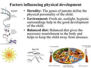Factors influencing physical development Heredity:  The genes of parents define the physical personality of the child. Environment:  Fresh air, sunlight, hygienic surroundings help in the good development of the child. Balanced diet:  Balanced diet gives the necessary nourishment to the body and helps to keep the child away from diseases. 