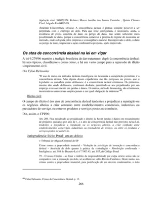 266
Apelação cível 598070324. Relator: Marco Aurélio dos Santos Caminha. , Quinta Câmara
Cível, Julgado Em 04/02/99.
.Ementa: Concorrência Desleal. A concorrência desleal é prática somente possível a ser
perpetrada com o emprego do dolo. Para que reste configurada, é necessário, ainda, a
existência de prova concreta de dano ou perigo de dano, não sendo suficiente mera
possibilidade de dano, porque a concorrência comercial e própria do regime de economia de
mercado, onde a disputa entre empresas e conseqüência natural. Incomprovado o dolo, o dano
ou perigo de dano, improcede a ação combinatória proposta. apelo improvido.
Os atos de concorrência desleal na lei em vigor
A lei 9.279/96 mantém a tradição brasileira de dar tratamento duplo à concorrência desleal:
há atos típicos, classificáveis como crime, e há um vasto campo para a repressão do ilícito
simplesmente civil.
Diz Celso Delmanto:
“O uso de meios ou métodos desleais transfigura em desonesta a competição permitida: é a
concorrência desleal. Mas alguns desses expedientes são tão perigosos ou graves, que o
legislador os considera como delituosos: é a concorrência desleal criminosa. Os primeiros,
mesmo não sendo delituosos, continuam desleais, permitindo-se aos prejudicados por seu
emprego o ressarcimento em perdas e danos. Os outros, além de desonestos, são criminosos,
incorrendo os autores nas sanções penais e em igual obrigação de indenizar 453
.
Ilícito civil
O campo do ilícito é dos atos de concorrência desleal tendentes a prejudicar a reputação ou
os negócios alheios a criar contusão entre estabelecimentos comerciais, industriais ou
prestadores de serviço, ou entre os produtos e serviços postos no comércio.
Diz, assim, o CPI/96:
Art. 209. Fica ressalvado ao prejudicado o direito de haver perdas e danos em ressarcimento
de prejuízos causados por atos de (...) e atos de concorrência desleal não previstos nesta Lei,
tendentes a prejudicar a reputação ou os negócios alheios, a criar confusão entre
estabelecimentos comerciais, industriais ou prestadores de serviço, ou entre os produtos e
serviços postos no comércio.
Jurisprudência: Ilícito Penal- um ato doloso
> Tribunal de Alçada Criminal de SP
Crime contra a propriedade imaterial - Violação de privilégio de invenção e concorrência
desleal - Ausência de dolo quanto à prática da contrafação - Absolvição confirmada -
Inteligência: art. 169 do Decreto-Lei nº 7.903.45, art. 187, do Código Penal
79 - O nosso Direito - ao fixar o âmbito da responsabilidade por culpa stricto sensu não se
compadece com a presunção do dolo, só acolhido no velho Direito Canônico. Deste modo, nos
crimes contra a propriedade imaterial, para justificação de um decreto condenatório, o dolo
453
Celso Delmanto, Crimes de Concorrência Desleal, p. 13.
 