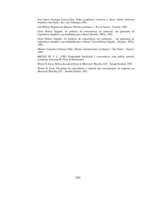 293
José Inácio Gonzaga Franceschini, Poder econômico: exercício e abuso: direito antitruste
brasileiro, São Paulo : Rev. dos Tribunais, 1985.
José Wilson Nogueira de Queiroz, Direito econômico / - Rio de Janeiro : Forense, 1982.
Lúcia Helena Salgado, As políticas de concorrência ou antitruste: um panorama de
experiência mundial e sua atualidade para o Brasil, Brasília : IPEA, 1992.
Lúcia Helena Salgado, As políticas de concorrência (ou antitruste) : um panorama de
experiência mundial e sua atualidade para o Brasil / Lúcia Helena Salgado. - Brasília : IPEA,
1992.
Manoel Gonçalves Ferreira Filho, Direito constitucional econômico / São Paulo : Saraiva,
1990.
MELLO, M. T. L. (1995) Propriedade Intelectual e concorrência: uma análise setorial.
Campinas, Unicamp-IE (Tese de Doutorado).
Werter R. Faria, Defesa da concorrência no Mercosul / Brasília, D.F. : Senado Federal, 1992.
Werter R. Faria, Disciplina da concorrência e controle das concentrações de empresas no
Mercosul / Brasília, D.F. : Senado Federal, 1993.
 